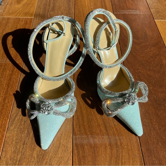 Mach & Mach double crystal bow shimmer ankle strap heels - Picture 4 of 17
